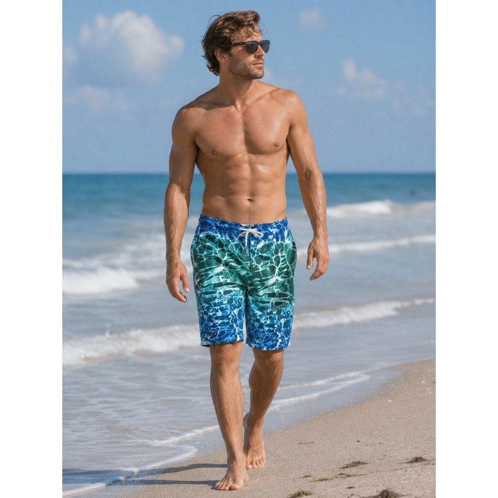 Ocean Coast Advantage Summer Green Blue White Graphic Board Shorts XL 38x10